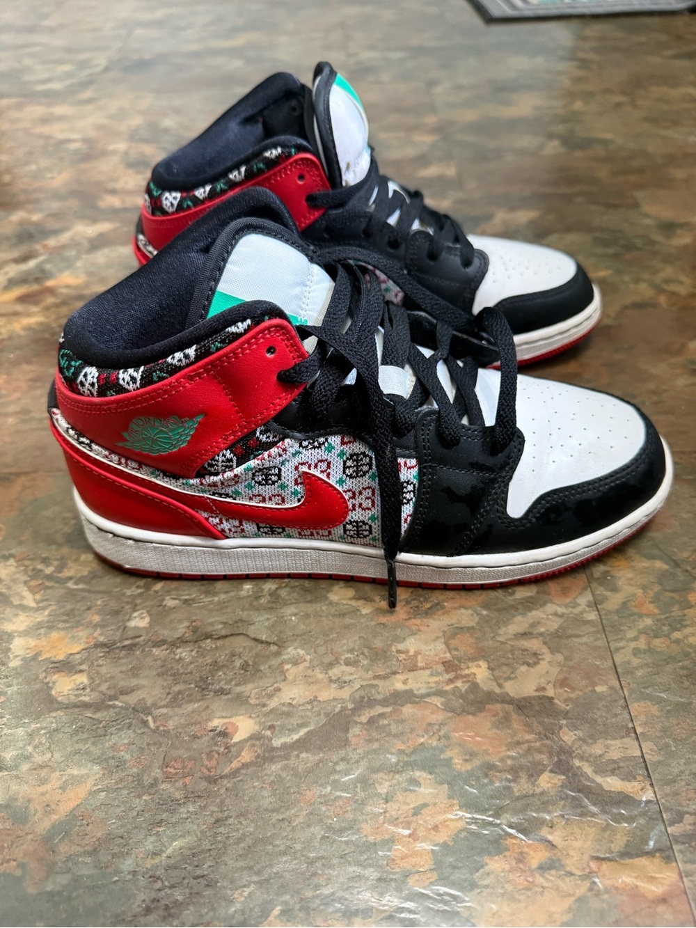 Jordan Kids Black, White & Red High-Top Sneakers with Patterned Accents
